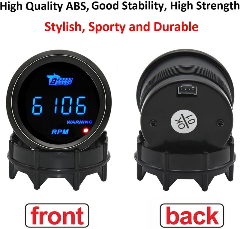 LKRXW Car Tacho Gauge 12V Auto Tachometer Gauge RPM 2" 52mm Meter Digital Speed Gauges Blue Light Instruments 0 to 9999 RPM Smoke Tint Len - Image 2